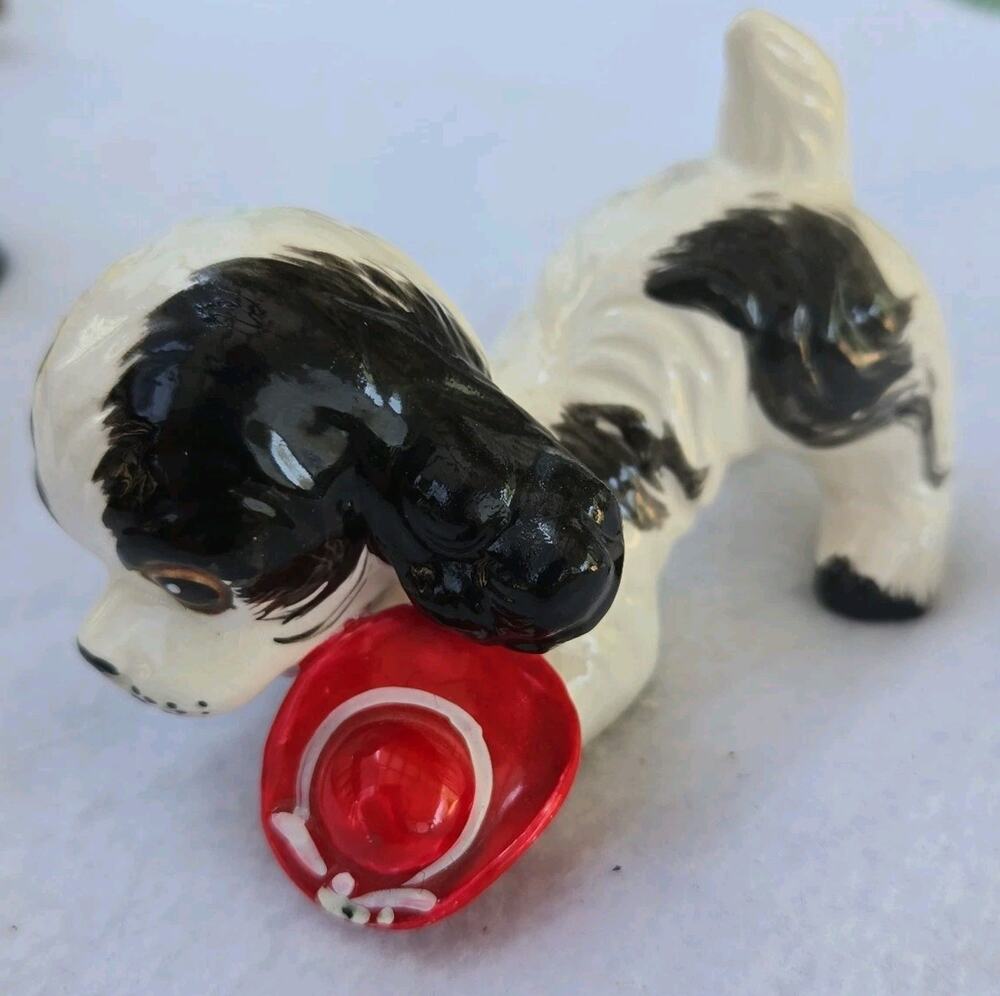 Vintage Ceramic Spaniel Dog Figurine Black White, Red Hat, Japan